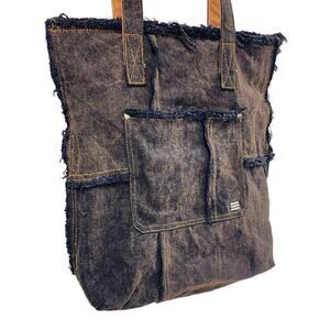 URBAN OUTFITTERS BDG Denim Frayed-Seam Tote Bag in Brown/Black 17"x14"